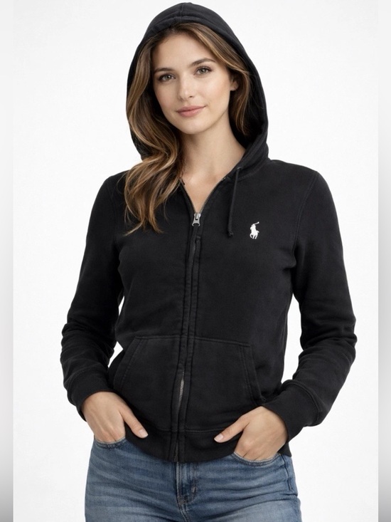 Ralph Lauren Tops - Ralph Lauren Sport Black Zip Hoodie Pockets Polo Pony Logo Womens Large Vintage